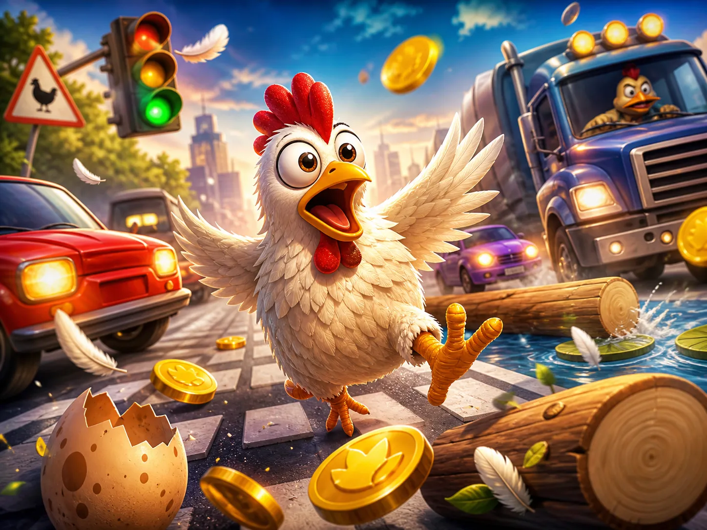 Promotional artwork for Chicken Road slot game featuring cartoon chicken on a vibrant road with traffic and feathers.